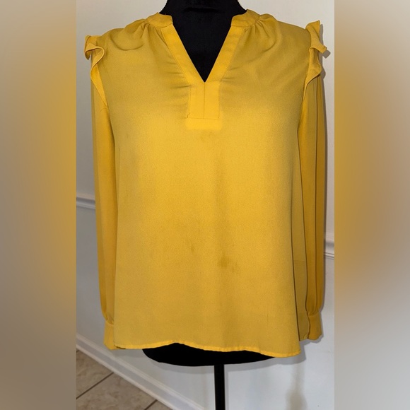 Ann Taylor Tops - Ann Taylor Factory Mustard Ruffle Shoulder Long Sleeve Blouse – Size MP Petite
